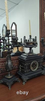 Garniture de Cheminée Bronze Napoléon III Pendule et Candélabres Hirondelles