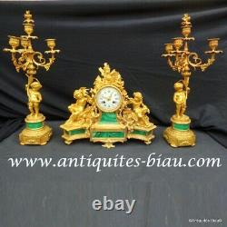 Garniture de Cheminée Bronze et marqueterie Malachite époque Napoléon III Boulle