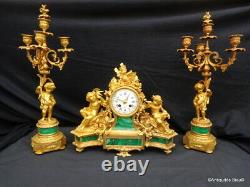 Garniture de Cheminée Bronze et marqueterie Malachite époque Napoléon III Boulle