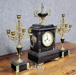 Garniture de pendule 3 pièces en bronze et marbre époque Napoléon III, vers 1880