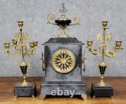 Garniture de pendule 3 pièces en bronze et marbre époque Napoléon III, vers 1880