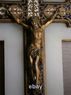 Grand Bénitier Cruxifix Décor Marbre Bronze Email cloisonné Ancien Christ