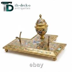 Grand Encrier Bronze Cloisonné Email Napoléon III Inkwell Birds Gilt 19th