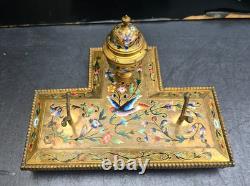Grand Encrier Bronze Cloisonné Email Napoléon III Inkwell Birds Gilt 19th