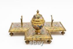 Grand Encrier Bronze Cloisonné Email Napoléon III Inkwell Birds Gilt 19th