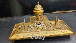 Grand Encrier Bronze Cloisonné Email Napoléon III Inkwell Birds Gilt 19th