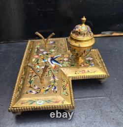 Grand Encrier Bronze Cloisonné Email Napoléon III Inkwell Birds Gilt 19th