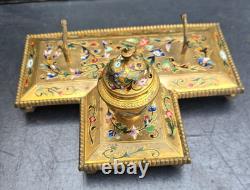 Grand Encrier Bronze Cloisonné Email Napoléon III Inkwell Birds Gilt 19th