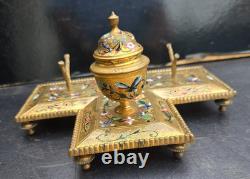 Grand Encrier Bronze Cloisonné Email Napoléon III Inkwell Birds Gilt 19th