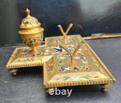 Grand Encrier Bronze Cloisonné Email Napoléon III Inkwell Birds Gilt 19th