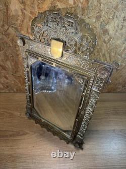 Grand Miroir Biseauté À Poser XIXeme, Bronze Ciselé Napoléon III, Décor Floral