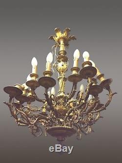 Grand lustre Napoléon III bronze doré style Louis XVI