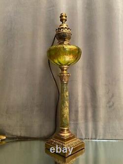 Grand pied de lampe XIXe onyx sur bronze réservoir verre émaillé or Napoléon III