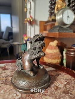Grand pot couvert en Bronze JAPON XIX ème Meiji -35cm statuette lion de fô