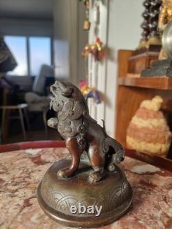 Grand pot couvert en Bronze JAPON XIX ème Meiji -35cm statuette lion de fô