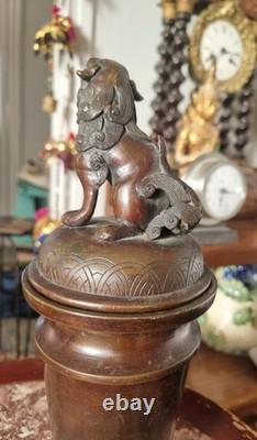 Grand pot couvert en Bronze JAPON XIX ème Meiji -35cm statuette lion de fô
