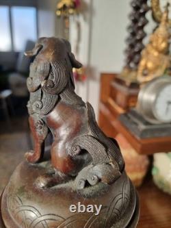 Grand pot couvert en Bronze JAPON XIX ème Meiji -35cm statuette lion de fô
