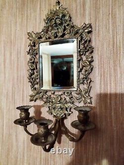 Grande Applique en Bronze avec Miroir Biseauté et Trois Bras de Lumières XIXeme