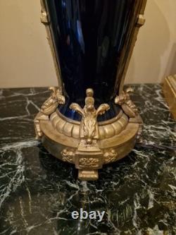 Grande Lampe Ancienne En Porcelaine Bleu Et Monture En Bronze NAPOLÉON III