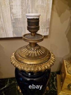 Grande Lampe Ancienne En Porcelaine Bleu Et Monture En Bronze NAPOLÉON III