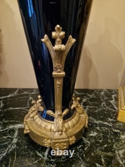 Grande Lampe Ancienne En Porcelaine Bleu Et Monture En Bronze NAPOLÉON III