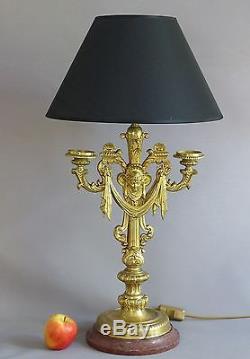 Grande Lampe En Bronze Doré Et Marbre, Epoque Napoléon III, Mascarons Et Drapés