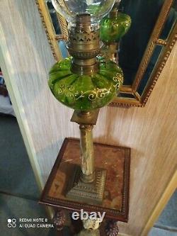 Grande Lampe à Pétrole en Bronze et Verre émaillé fût en onyx à pans XIXème