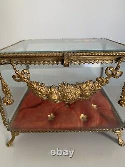 Grande boite a bijoux coffret de mariage bronze verre biseauté 19e jewelry box