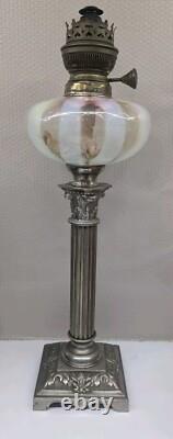 Grande lampe à pétrole bronze argenté 19 ème colonne corinthienne Napoléon III