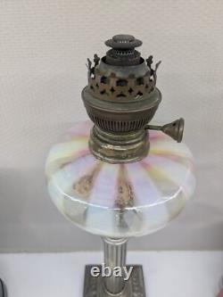 Grande lampe à pétrole bronze argenté 19 ème colonne corinthienne Napoléon III
