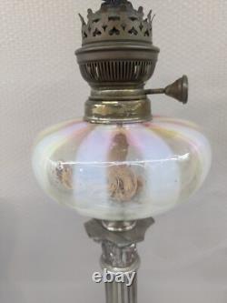 Grande lampe à pétrole bronze argenté 19 ème colonne corinthienne Napoléon III