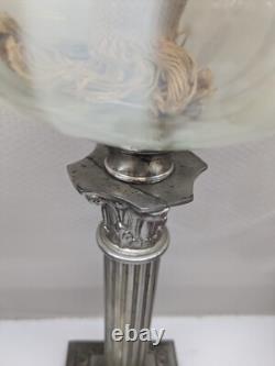 Grande lampe à pétrole bronze argenté 19 ème colonne corinthienne Napoléon III