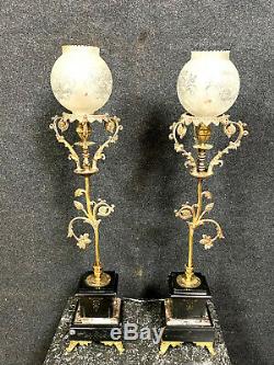 Grande paire de lampes époque Napoléon III en bronze doré et marbre noir