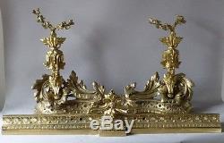 H 53 Cm! Importante Devanture De Cheminée, Chenets Napoléon III En Bronze Doré