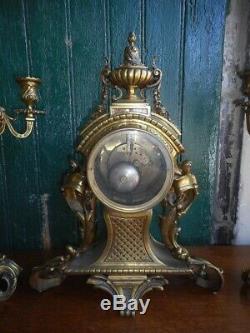 Horloge Pendule + 2 Chandeliers En Bronze Dore J. Pebeyre Paris