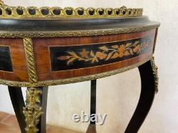 JARDINIERE NAPOLÉON III EN MARQUETERIE, BOIS ET BRONZE complète bac et couvercle