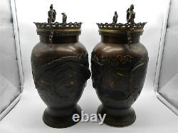 Japon / Chine Paire De Vase Décor Phoenix & Dragon En Bronze & Monture Laiton