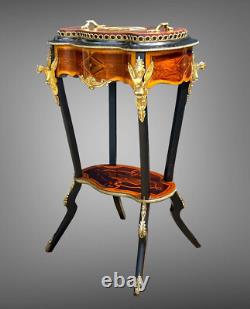 Jardiniere Époque Napoléon III En Marqueterie Et Bois Noirci Ornée De Bronze