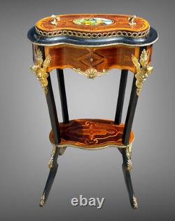 Jardiniere Époque Napoléon III En Marqueterie Et Bois Noirci Ornée De Bronze