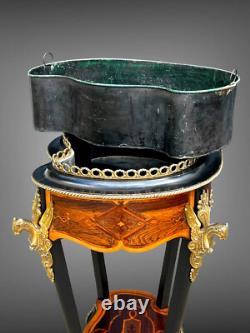 Jardiniere Époque Napoléon III En Marqueterie Et Bois Noirci Ornée De Bronze