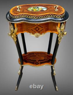 Jardiniere Époque Napoléon III En Marqueterie Et Bois Noirci Ornée De Bronze