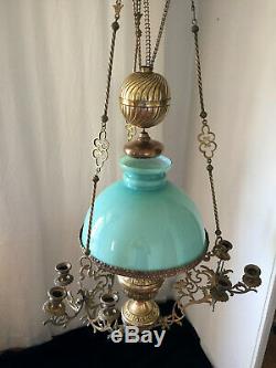 LUSTRE SUSPENSION Napoléon III Bronze, Laiton, Globe Opaline bleue/verte
