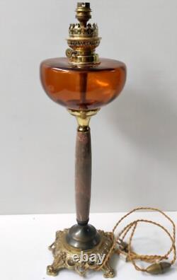 Lampe A Petrole Verre Couleur Ambre Pied Bronze Et Marbre Napoleon III