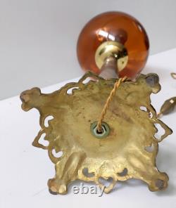 Lampe A Petrole Verre Couleur Ambre Pied Bronze Et Marbre Napoleon III