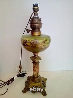 Lampe A Petrole Verre Emaille Pied Bronze Et Marbre Napoleon III Electrifie