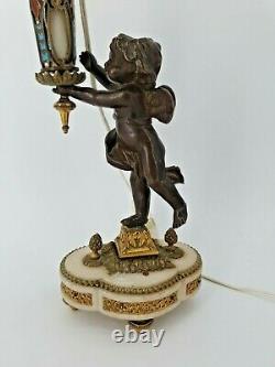 Lampe Ancienne en bronze et émail cloisonné, angelot Napoléon III fin XIX ème s