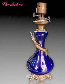 Lampe Porcelaine Bleue Cobalt Salamandre Bronze Napoleon III Oil Lamp Blue