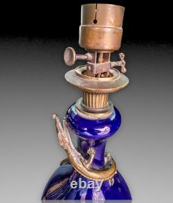 Lampe Porcelaine Bleue Cobalt Salamandre Bronze Napoleon III Oil Lamp Blue
