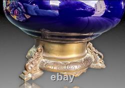 Lampe Porcelaine Bleue Cobalt Salamandre Bronze Napoleon III Oil Lamp Blue