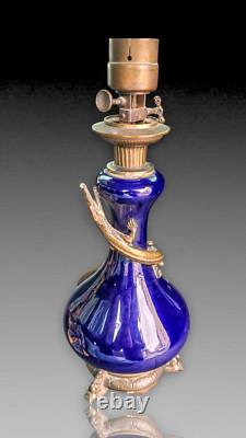 Lampe Porcelaine Bleue Cobalt Salamandre Bronze Napoleon III Oil Lamp Blue